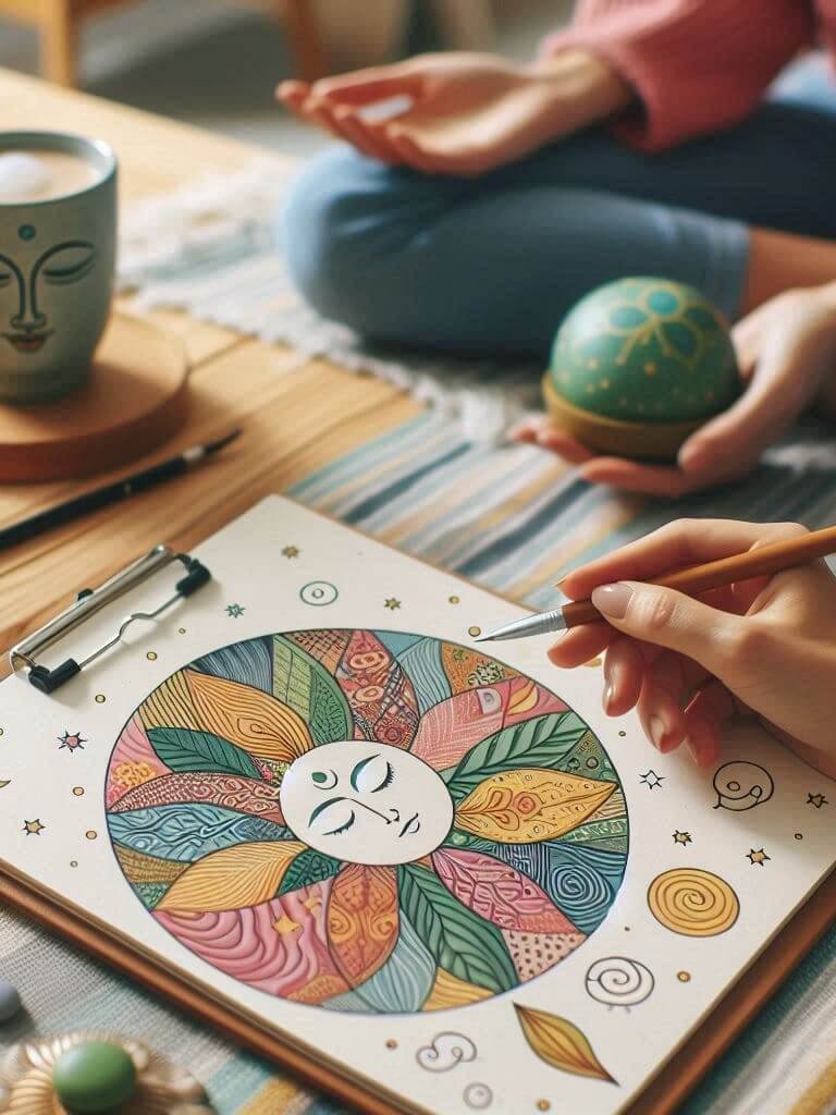 An artist painting a colourful mandala with a serene face at its centre, surrounded by symbols and patterns, while another person meditates nearby with a handpan and a cup of tea.