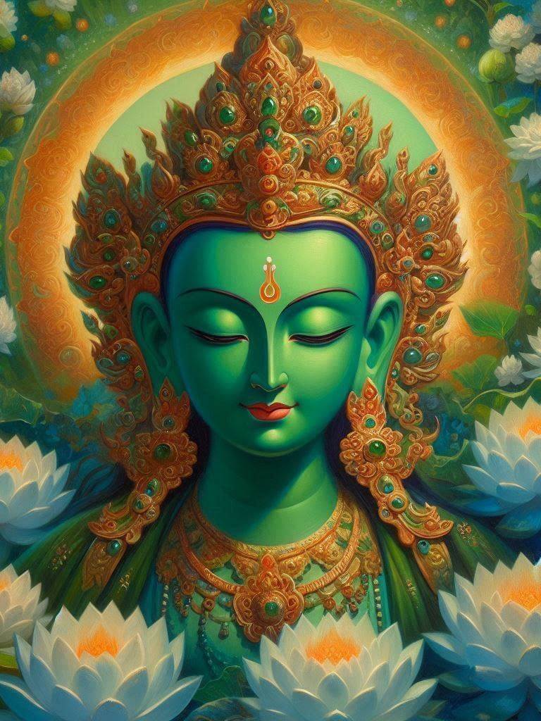 A serene, green-skinned Buddhist deity adorned with an ornate golden crown and jewelry, surrounded by blooming white lotus flowers.