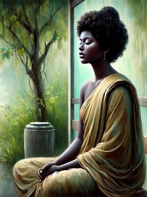 A woman meditating in a yellow sari, promoting mindfulness and self-awareness.