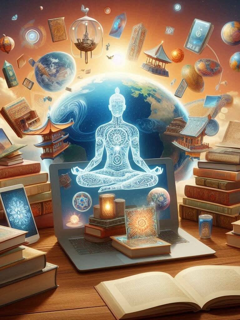 A glowing, meditative figure emerges from a laptop screen, surrounded by books, floating temples, and digital devices, symbolising the fusion of ancient wisdom and modern technology in online spiritual teachings.